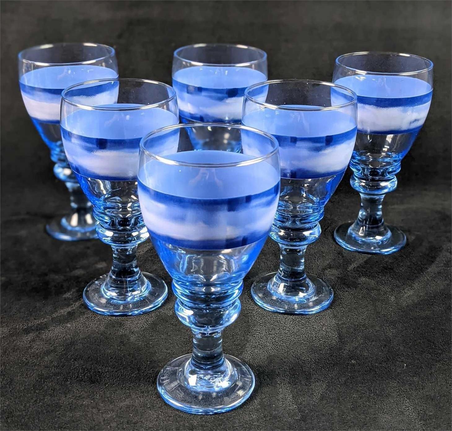 Six Blue Glass Water Goblets With Stripe B