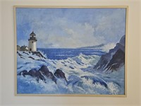 Laplante Signed Lighthouse Oil on Canvas Art