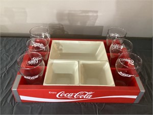 Vintage Coca-Cola serving tray with glasses