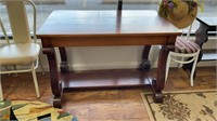 ANTIQUE MAHOGANY LIBRARY TABLE W/ SCROLL LEGS &