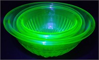 Uranium Depression Glass Mixing Bowls, 9" x 4.5"
