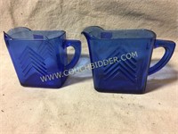 Pair of Hazel Atlas cobalt blue chevron pitchers