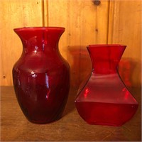 2 Red Color Glass Vases