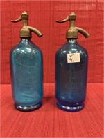 2 aqua glass bar bottles WT Wagoners Sons