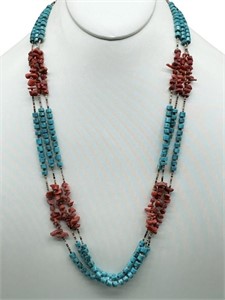 TRIPLE STRAND TURQUOISE HEISI & CORAL NECKLACE