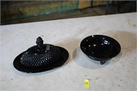 Black glass bowl and butter dish