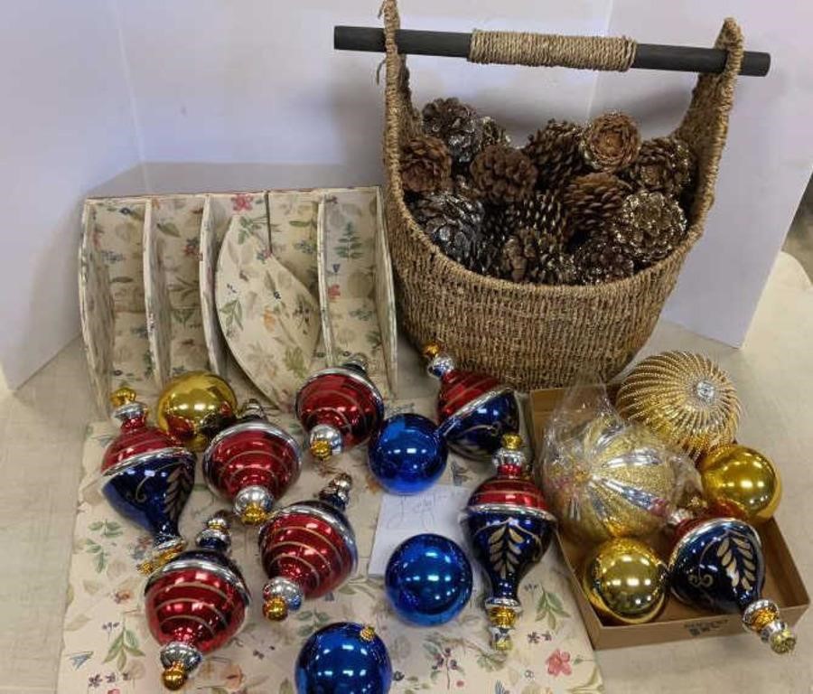 Basket, Christmas balls, etc.