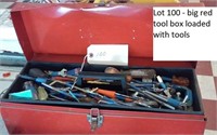 big red tool box loaded with tools