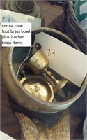 claw foot brass bowl w 2 brass items