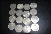 16 Morgan & Peace silver dollars: 1923, 1922,
