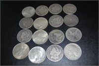 16 Morgan & Peace silver dollars: 1922, 1903