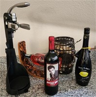 F - WINE OPENER, BOTTLE HOLDER, BOTTLES, CORKS