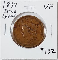 1837  Sm Letters  Large Cent   VF