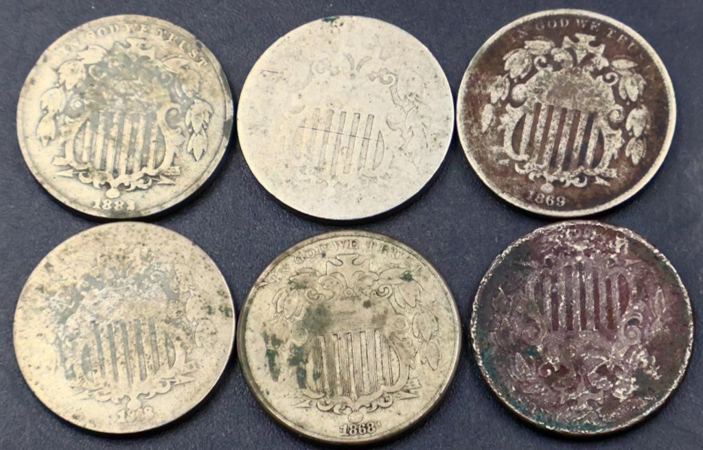 Lot of 6 shield nickels