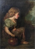 OLD PAINTING ON CANVAS OF SEATED GIRL W/JAR.