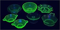 (7 Pcs) Asst Green Vaseline Depression Glass