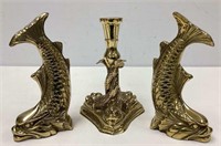 Two Brass Fish Bookends, One Candle Holder