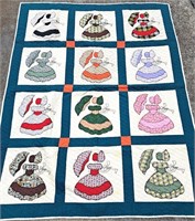 HAND SEWN VINTAGE QUILT LADIES W UMBRELLA 79" X64"