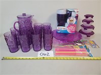 Purple Plastic Cups/Pitcher w/ Glass Tray (No Ship