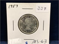 1957 Canadian Silver 25 Cent Piece  MS63