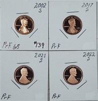 2002-S, 2017-S, 2021-S & 2022-S  Lincoln Cents  PF