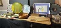 Large serving lot- trays, cutting boards, cheese