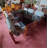 Glass dining table with 6 chairs, 72" long, 42"