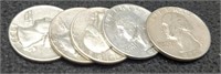 (5) Washington Silver Quarters, All XF to AU: