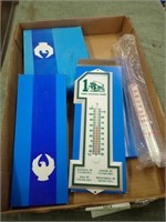 (2) New Holland Rain Gauges, (3) Adv. Thermometers