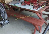 Red Painted Picnic Table, 1 Bench. Items On Top