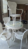 White Wicker Glass Top Table 32x30", 4 Chairs.