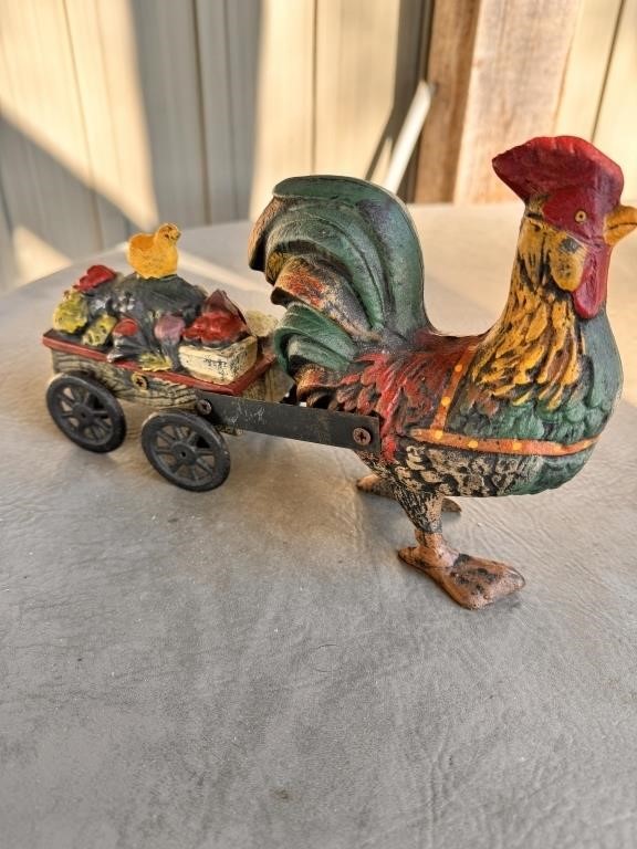 Cast Iron Rooster w/ Cart 12"  garden piece