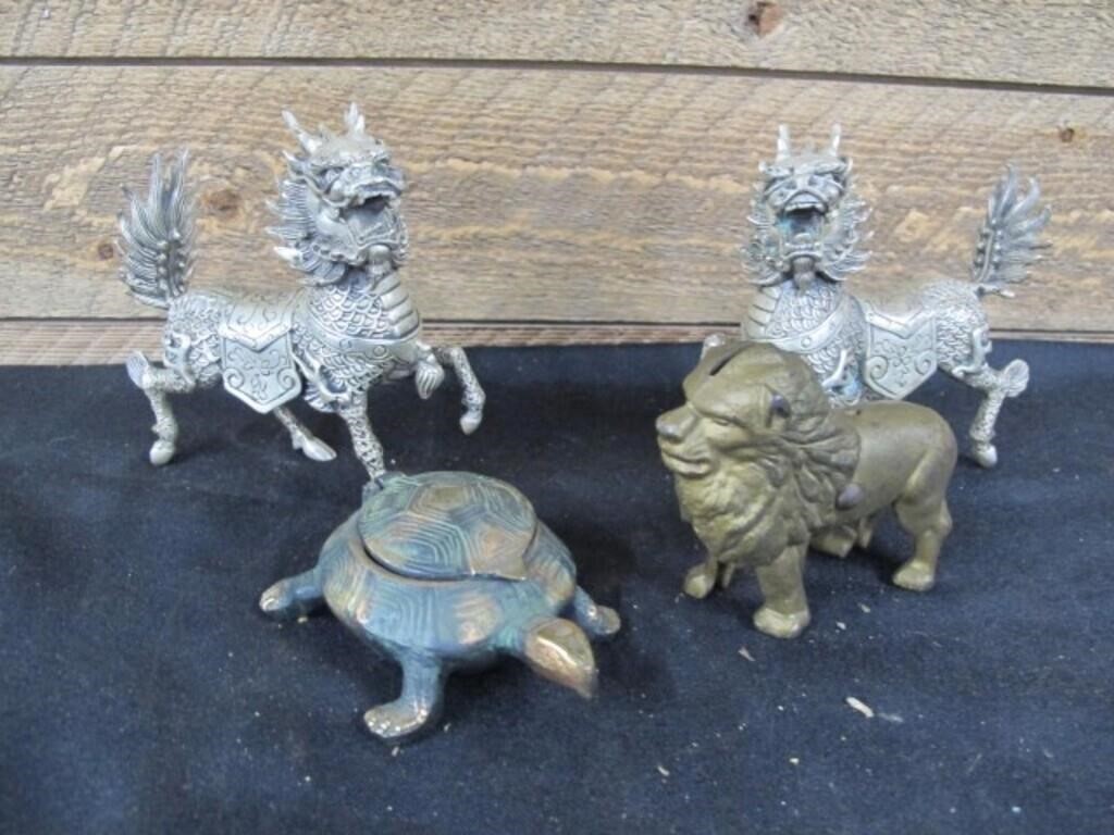 PAIR ASIAN LIONS, TURTLE ASH TRAY, LION BANK