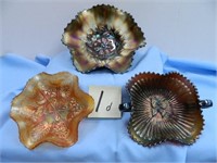 (2) Amethyst & (1) Marigold Carnival Glass Bowls
