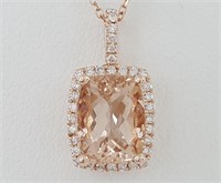 2.2 Ct Morganite Diamond Halo Necklace 14 Kt