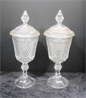 Pair of Diamond Point Glass Tall Candy Dishes w/