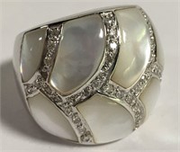 14k Gold & Mother Of Pearl Ring With Clear Stones