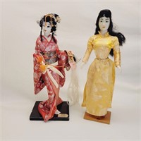 2 Vintage Japanese Geisha Dolls - Samurai Helmet