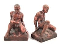 Pr Painted Plaster Male Nude Bookends, Brown Co