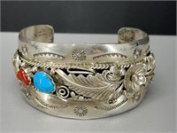 Large Sterling Silver Navajo turquoise and coral