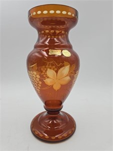 Bohemia Egermann Cut to Clear Amber Vase(#3)