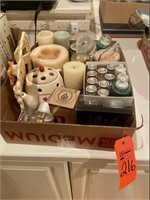 Box lot assorted candles and candle holders