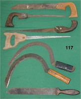 Lot: four keyhole saws; two hand scythes &c.