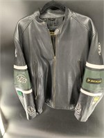 Men's leather biker style jacket with assorted pat