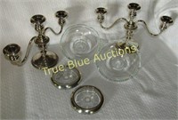 Two Sterling Candelabras Glasses & Ashtrays