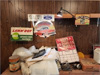 Vintage signs, clamp on lamps, drop cloths, advert