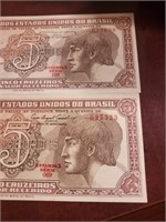 Brasil 5 Cruzeiros X 2 DIFFERENT SIGNATURES 1961