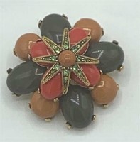 Sunburst Dome Green, Coral Peach Cabochon Brooch