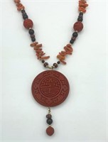 CHICO’S Asian Scroll Medallion Faux Coral Necklace