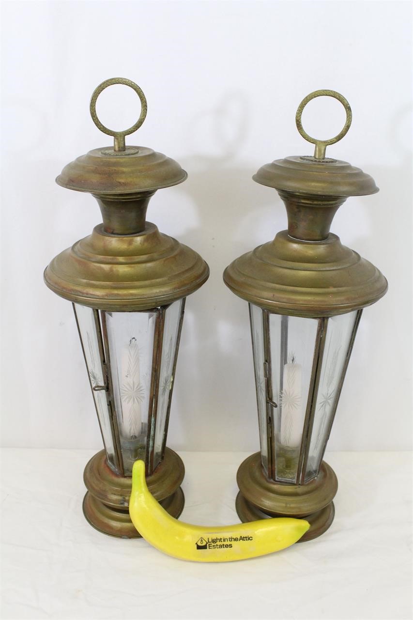 Pr. Vintage Brass & Etched Glass Lanterns